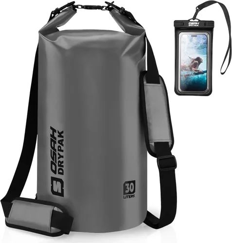 Miniatura 58 de Bolsa seca impermeable, 5L/10L/20L/30L/40L Mochila de almacenamiento ligera con funda para teléfono para mujeres y hombres, saco impermeable Gris