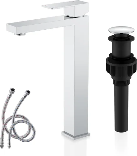 KENES Grifo de lavabo de baño de una sola manija cromada, grifo de lavabo de baño alto con líneas de suministro de agua y desagüe de fregadero Cromo