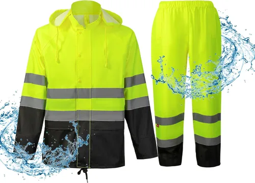 ProtectX Ropa de lluvia impermeable de alta visibilidad para hombres y mujeres, chaqueta reflectante de seguridad y pantalón de alta visibilidad,