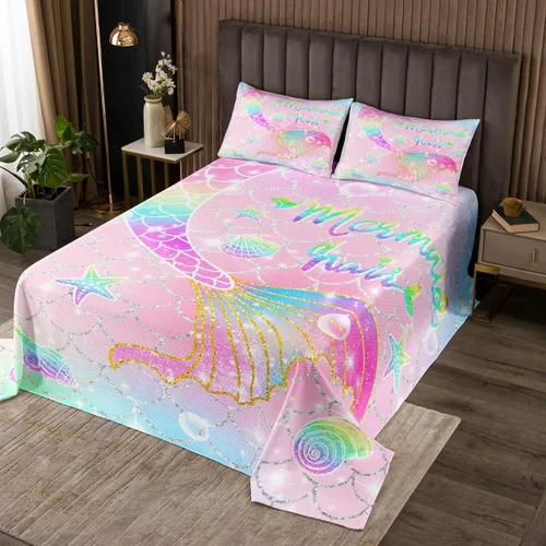 Miniatura 6 de Feelyou Colcha de sirena tamaño individual para niños y niñas, diseño de arco iris, colorido, cola de sirena, juego de ropa de cama impresa, lindo