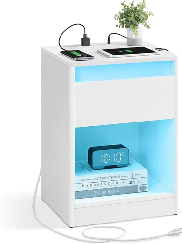 Miniatura 9 de VASAGLE Mesita de noche con estación de carga, 2 salidas de CA y 2 puertos USB, mesita de noche, mesa auxiliar con 3 cajones, estilo moderno, 13.8 x