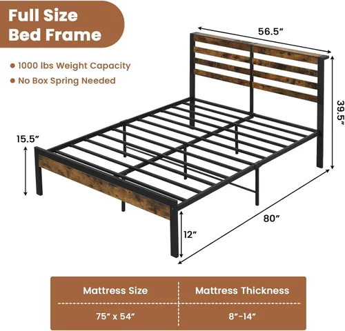 Miniatura 2 de Giantex Base de cama de metal con estación de carga, plataforma industrial con cabecera de almacenamiento, base de colchón resistente, fácil