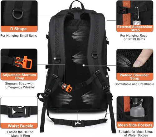 Miniatura 4 de Mochila de senderismo expandible de 40 L/50 L para hombres y mujeres, mochila de viaje y camping aprobada para vuelos 40l+10l naranja