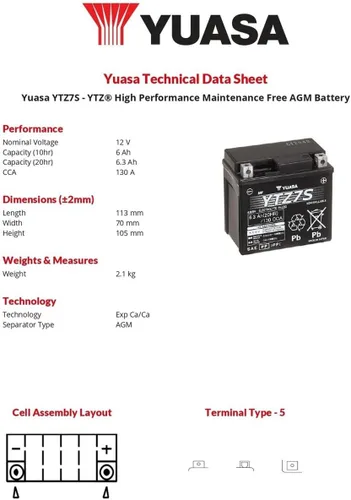 Miniatura 9 de Yuasa YUAM727ZS YTZ7S Batería AGM de alto rendimiento YTZ activada de fábrica