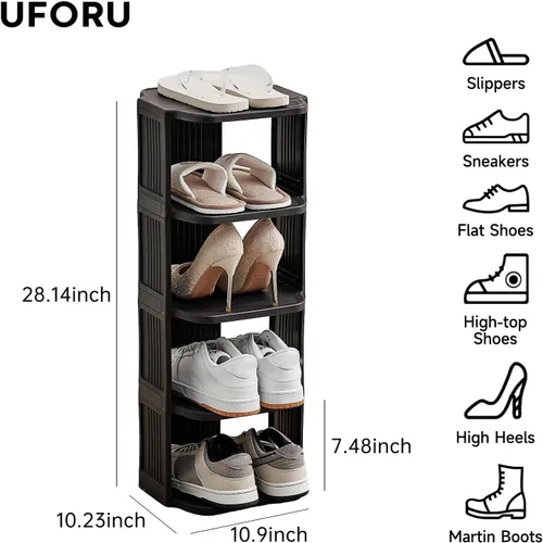 Miniatura 3 de UFORU - Zapatero pequeño, organizador de zapatos vertical de 5 niveles de plástico para espacios pequeños y estrechos, organizador de zapatos Negro