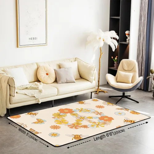 Miniatura 2 de jejeloiu Hippie Peace Art Living Room Rugs Retro Hippie Flower Area Rug for Kids Boys Teens Butterfly Bee Peace Sign Artwork 60S 70S Groovy Floral