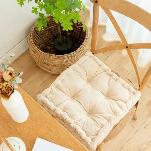 Miniatura 5 de Cojines cuadrados para asiento de suelo, cojín de asiento de silla de tatami de color sólido con asa, cojín de terciopelo portátil grueso para yoga