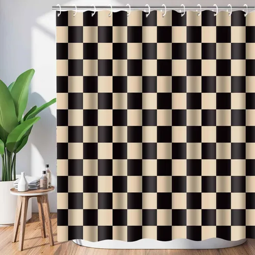 Miniatura 47 de Cortina de ducha a cuadros en blanco y negro, bonita cortina de ducha retro de tablero de ajedrez para decoración de baño, 72 x 72 pulgadas, cortina