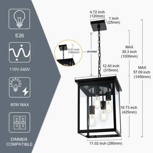Miniatura 28 de TODOLUZ Lámpara Colgante de Exterior de 3 Luces Negra, Linterna Colgante Exterior Ajustable Luz de Porche