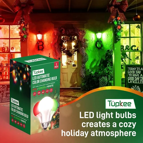 Miniatura 6 de Bombilla LED automática que cambia de color – Ciclos automáticamente entre rojo/verde/blanco cada 5 segundos – A19, E26, 2 W, bombilla LED de porche