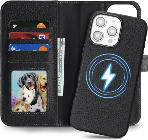 Miniatura 16 de Funda desmontable de piel auténtica para iPhone 13/14, funda magnética 2 en 1 extraíble, soporte de carga MagSafe, función de soporte para tarjetas