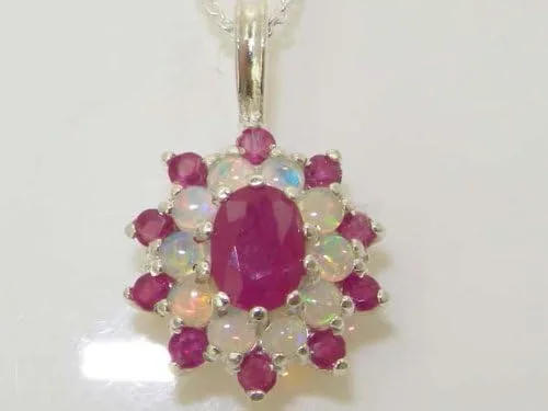 Miniatura 2 de Ladies Solid 925 Sterling Silver Ornate Large Natural Ruby & Opal Large Cluster Pendant Necklace