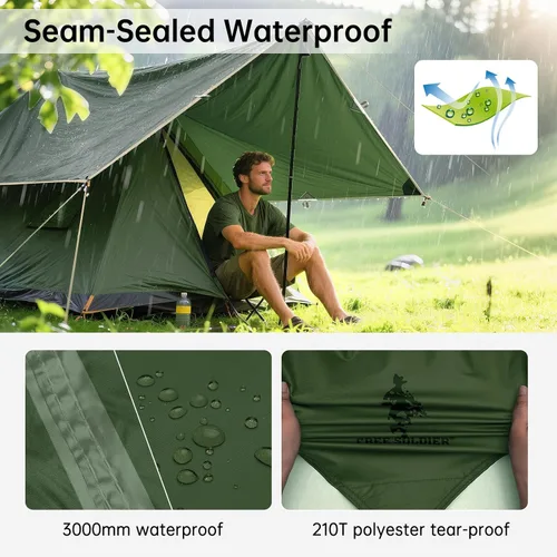 Miniatura 3 de FREE SOLDIER Lona impermeable portátil multifuncional para exteriores, camping, viajes; toldo de mochilero, refugio contra la lluvia Verde oscuro