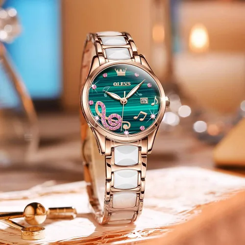 Miniatura 8 de OLEVS Relojes de pulsera para mujer color oro rosa elegante de cerámica para mujer de acero inoxidable impermeable luminoso