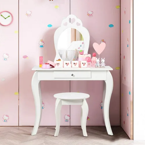 Miniatura 4 de Costzon Juego de tocador para niñas, set de tocador con espejo y taburete, cajón de almacenamiento, escritorio de maquillaje para niñas pequeñas