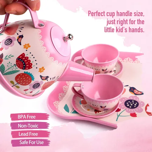 Miniatura 3 de D-FantiX Juego de té para niños y niñas, 15 piezas, juego de fiesta de té de lata rosa para niños pequeños, juego de té de la tarde con teteras