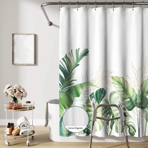 Miniatura 4 de Cortina de ducha dividida con hojas verdes para banco de transferencia, hojas de palmera tropicales, plantas naturales, decoración de baño con 2