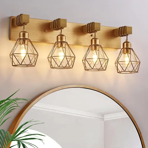 Miniatura 11 de Lámpara de tocador estilo casa de campo para baño, luminarias de tocador de baño de 2 luces negra dorada de madera sobre espejo, apliques rústicos