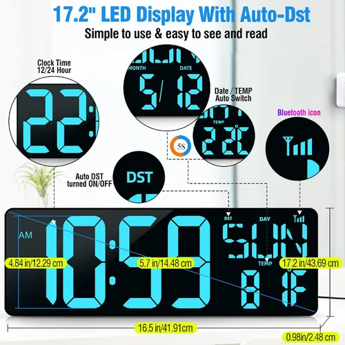 Miniatura 2 de TXL Reloj de pared digital grande de 17.2 pulgadas, sincronización Bluetooth, reloj de pared LED con fecha y temperatura, temporizador de cuenta