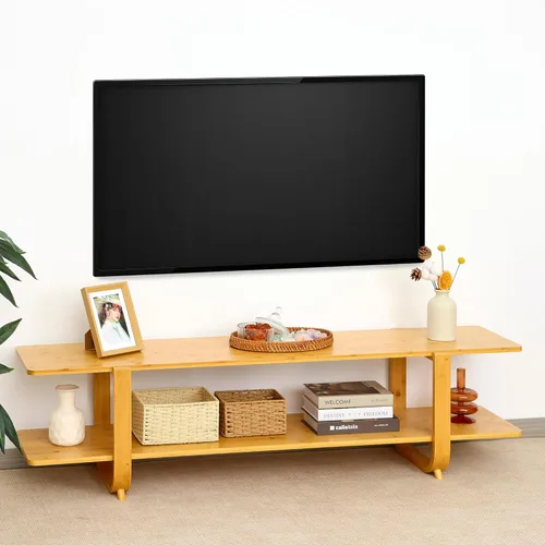 Miniatura 11 de Soporte de TV de bambú para televisores de hasta 65 pulgadas, centro de entretenimiento con almacenamiento, mesa consola multimedia con estante