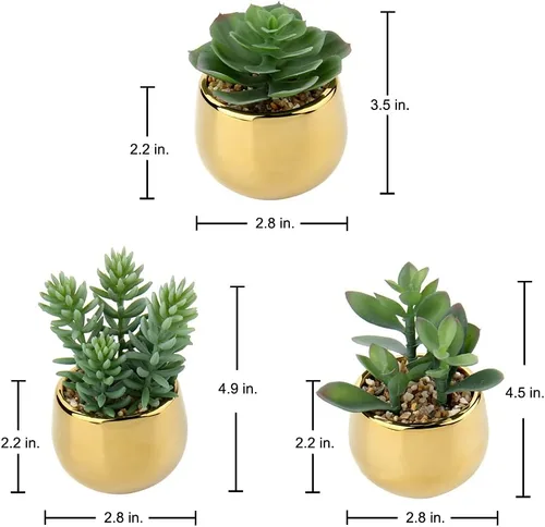Miniatura 6 de Briful Pequeñas suculentas artificiales en macetas, juego de 3 plantas suculentas realistas con macetas de cerámica doradas, lindas mini plantas