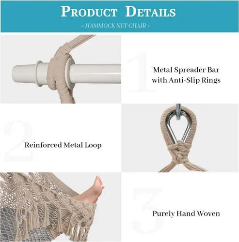 Miniatura 4 de Bathonly Silla hamaca de cuerda de algodón tejida a mano con barra separadora de metal, hamaca caribeña, silla colgante bohemia para dormitorio