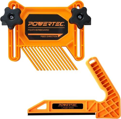 POWERTEC Tabla de plumas en tándem y palo de empuje en L para sierra de mesa, mesa de enrutador, cepilladoras y ensambladoras. El empujador de