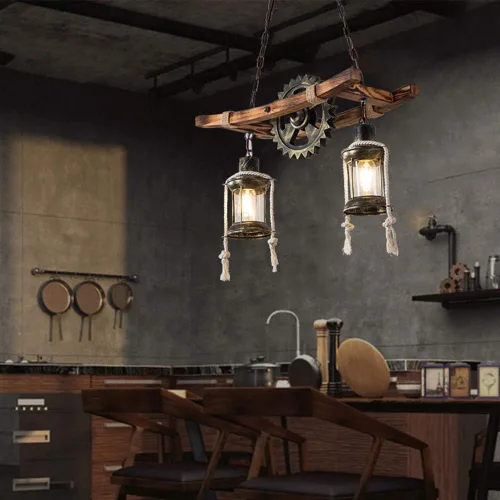 Miniatura 5 de Lámpara colgante industrial retro de 2 cabezales, con forma de engranaje de granja, personalidad creativa única, lámpara de isla de techo vintage
