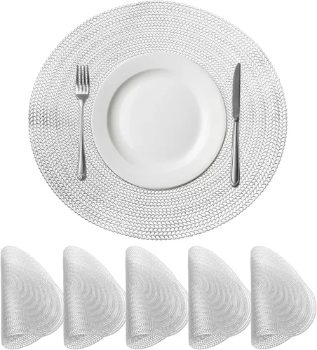 Miniatura 11 de uxcell Juego de 6 manteles individuales redondos dorados para mesas de comedor, manteles individuales metálicos de polivinilo prensado, manteles