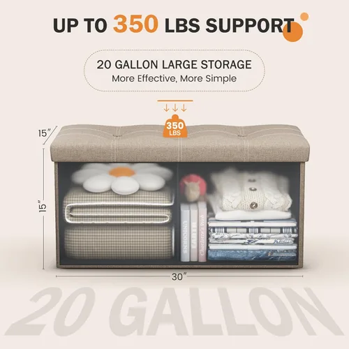 Miniatura 3 de Youdesure Otomana plegable con espacio de almacenamiento de 80 litros, de 30 pulgadas, que soporta hasta 350 libras, tela de lino beige