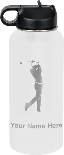 Miniatura 33 de LaserGram Botella de agua personalizada, golfista de golf, acero inoxidable de doble pared aislada al vacío con popote superior, regalo grabado Negro