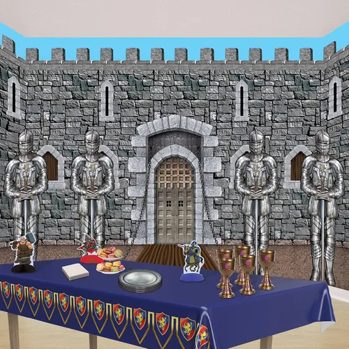 Miniatura 4 de Beistle Telones de fondo de pared de caballeros, 4 x 30 pies, paquete de 2 decoraciones medievales para fiestas, fondo de decoración medieval, fondo