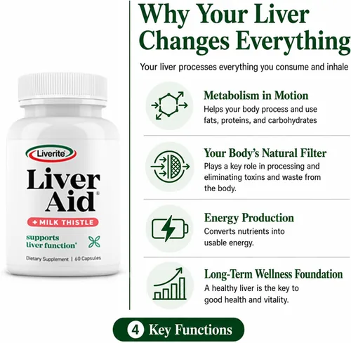 Miniatura 4 de LIVERITE Ayuda hepática con cardo mariano 60 cápsulas, suplemento de apoyo hepático con aminoácidos, colina, cardo mariano y vitamina B12 - Apoya