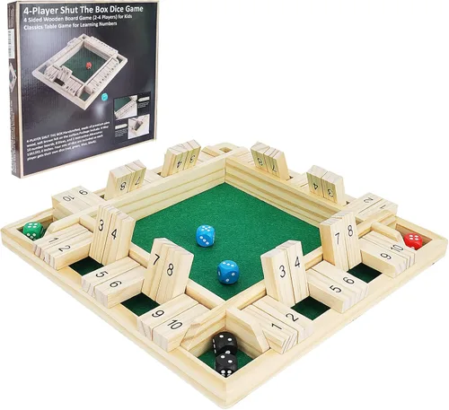 Win Sports - Juego de dados “Shut the Box” (cierra la caja) para 4 jugadores con 10 números, tablero en madera de 4 lados para juego de mesa