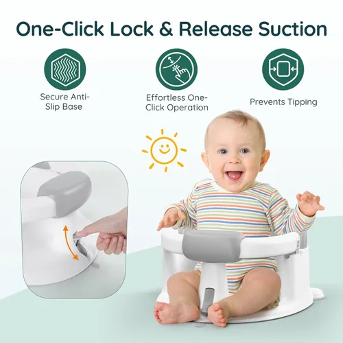 Miniatura 2 de Asiento de Baño para Bebé Bañera para Bebé - con Ventosas Fuertes y Soporte Envolvente de 360° - Liberación Fácil, Cojín Antideslizante, Gris