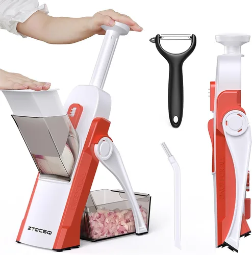 Miniatura 14 de [5 en 1] Cortadora de mandolina para cocina y picadora de verduras segura y rebanadora de mandolina ajustable, no se puede quitar, la mandolina Azul