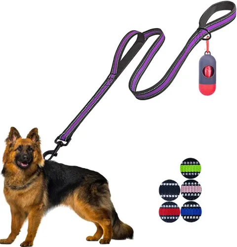 Miniatura 14 de JSXD Correa resistente de doble asa para perro, 5 pies, acolchada y reflectante, cuerda para perros pequeños a grandes (negro)