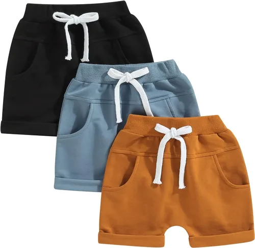 BHMAWSRT Infant Baby Boy Summer Shorts 3-Pack Toddler Shorts Boys Solid Color Newborn Soft Sweat Shorts with Drawstring