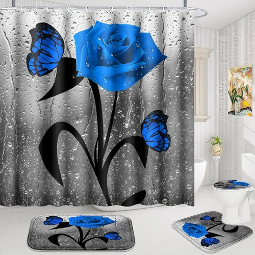 Miniatura 2 de Poedist Juego de 4 cortinas de ducha de baño, juego de cortina de baño con rosas azules, juegos de cortinas de ducha con alfombras