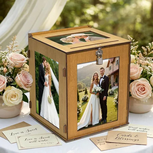 Miniatura 8 de OurWarm Caja de tarjetas de boda blanca de PVC con cerradura, caja de tarjeta de regalo para recepción de boda, caja de sobres de dinero de boda