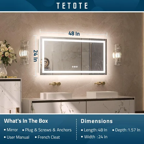 Miniatura 7 de TETOTE Espejo de tocador LED de 48 x 24 pulgadas, espejo de baño iluminado con función regulable y antiniebla, espejo de maquillaje con luces