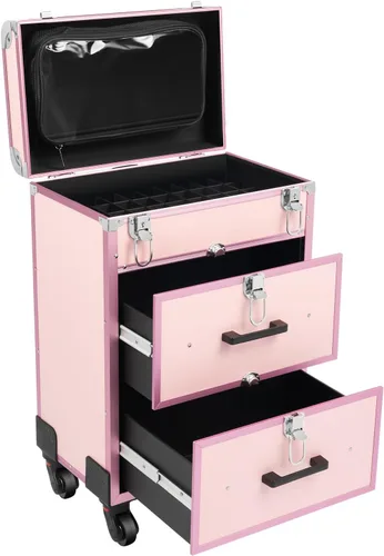 YIYIBYUS Estuche de maquillaje rodante, 3 capas de carritos cosméticos profesionales grandes con cerraduras, estuche de viaje de maquillaje con Rosa