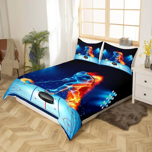 Miniatura 2 de Manfei Juego de funda de edredón de hockey tamaño individual, juego de ropa de cama de jugador de hockey sobre fuego y agua, 2 piezas para niños