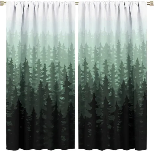 Miniatura 27 de BAEKJIN Cortinas verdes de bosque brumoso, acuarela, naturaleza, paisaje, plantas, árbol, bolsillo para barra, opacas, tratamiento de ventana