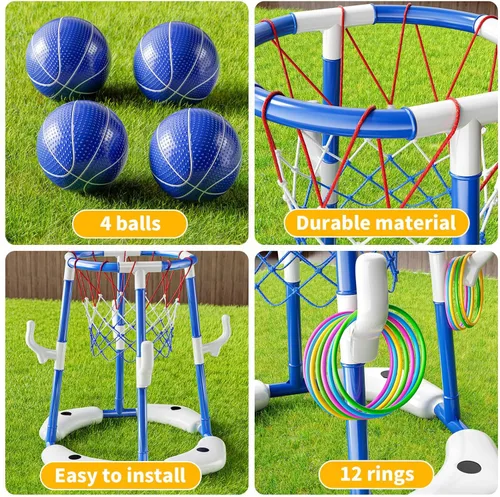 Miniatura 5 de NIPLOOOW Aro de baloncesto para piscina, juego de anillos flotantes 2 en 1 con 4 bolas y bomba, piscina al aire libre, juegos de baloncesto, juguete