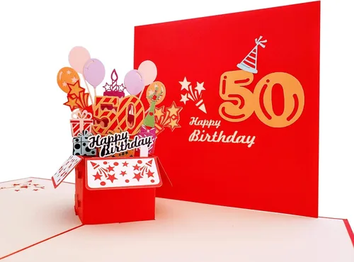 Miniatura 6 de iGifts And Cards Tarjeta de felicitación emergente 3D con caja de fiesta de cumpleaños número 50 color rojo – Cincuenta, impresionante, globos