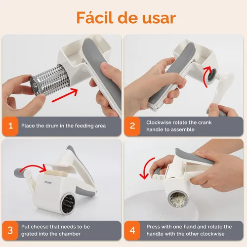Miniatura 6 de UHIYEE Rallador Rotativo Patentado de Queso Parmesano, Rallador de Queso de Manivela con Tambores Finos y Gruesos, Calidad de Restaurante, Blanco