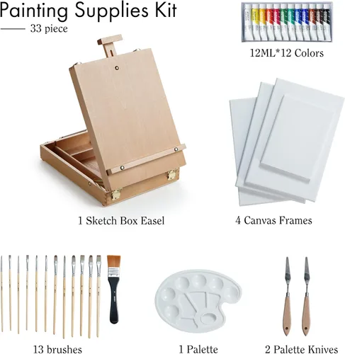 Miniatura 2 de ARTIFY Art Supplies Kit de caballete de mesa con 12 pinturas acrílicas, 13 pinceles, 4 tablas de lona, 2 cuchillos de paleta y paleta de plástico