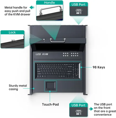 Miniatura 3 de MT-Viki Conmutador KVM de montaje en rack de 17" VGA 8 puertos, monitor de montaje en rack KVM Fit 1U 19'' Rack, 23.622-31.496 in (23.6~31.8'')