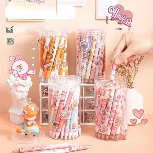 Miniatura 2 de 30 bolígrafos Kawaii con calcomanías, bonitos bolígrafos de gel retráctiles, punta bala, suministros escolares estéticos estacionarios